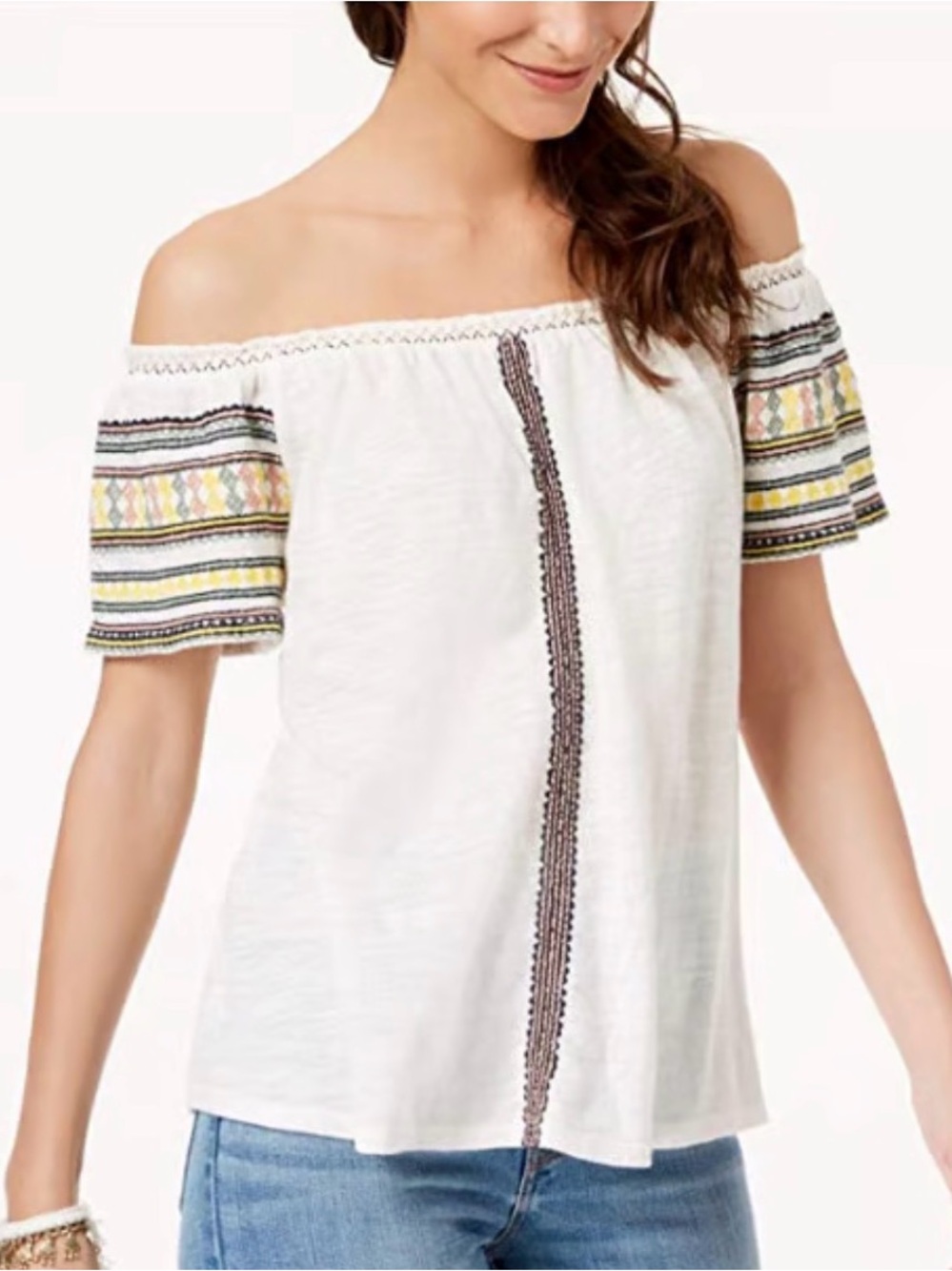 Lucky Brand Off-Shoulder White Embroidered Peasant Top.